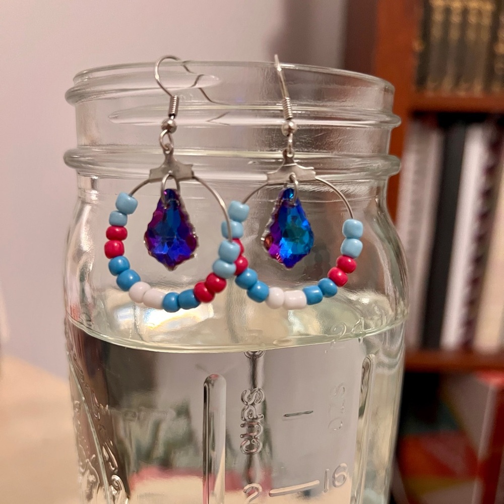 Colorful Beaded Hoop Earrings with Blue/multicolored Crystal